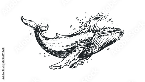 Whale breaching ocean wave on transparent background. Vector hand drawn illustration