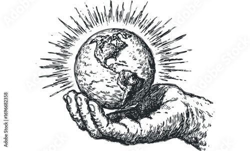 Sketch of a hand cradling the Earth with radiating lines. Vector hand drawn illustration