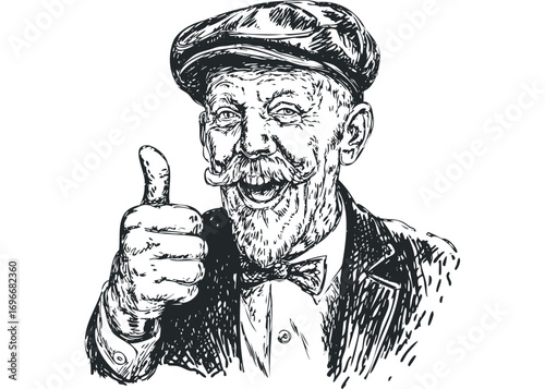 Elderly man wearing cap and suit with bow tie gives thumbs up, sketch. Vector hand drawn illustration