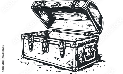 Open wooden treasure chest with metal clasps. Vector hand drawn illustration