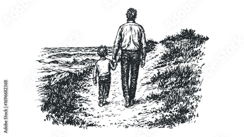 Father and son walking hand in hand on a path by the sea, sketch. Vector hand drawn illustration