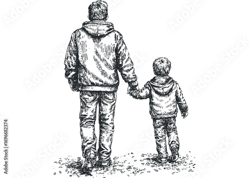 Hand drawn sketch of father and son holding hands walking away on transparent. Vector hand drawn illustration