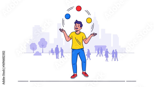 Balancing Act: A skilled juggler, vibrant colors and a playful city backdrop create a scene of skill, entertainment, and joyful motion.