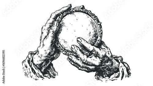 Two ancient hands hold a circular frame with decorative rim. Vector hand drawn illustration