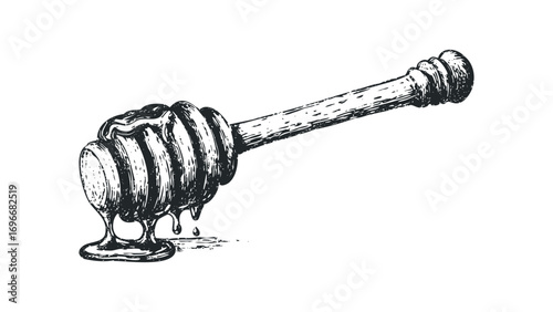 Hand drawn honey dipper with viscous liquid dripping. Vector hand drawn illustration