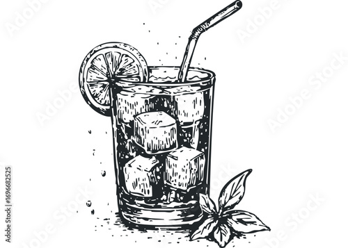 Hand drawn sketch of a tall glass filled with ice cubes, a slice of lemon, and a straw. Vector hand drawn illustration