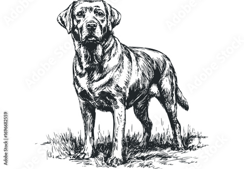 Sketch of a Labrador retriever dog standing on grass, image. Vector hand drawn illustration
