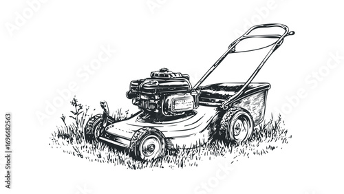 Sketchy Style Push Mower in Tall Grass Transparent. Vector hand drawn illustration