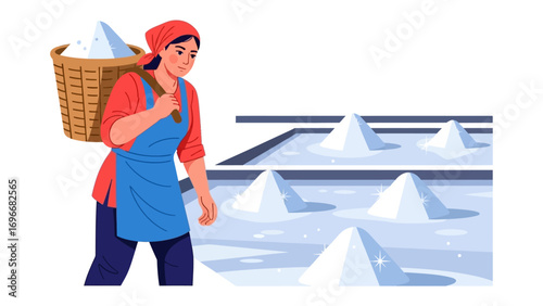 Salt Harvester: A dedicated woman carries a basket laden with harvested salt, showcasing her role in the traditional salt harvesting process with a touch of simple elegance.
