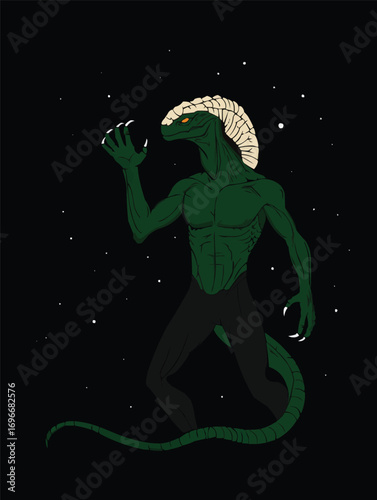 A reptilian alien with dark green scaly skin stands against a starlit night sky.
