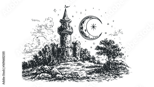 Fantasy castle with moon and star on transparent background. Vector hand drawn illustration