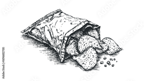 Bag of Potato Chips Spilling Onto Surface Image. Vector hand drawn illustration