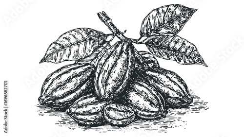 Group of Cacao Pods with Leaves. Vector hand drawn illustration
