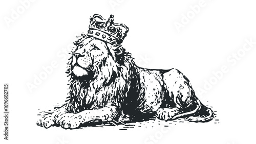Lion wearing crown with textured mane,. Vector hand drawn illustration