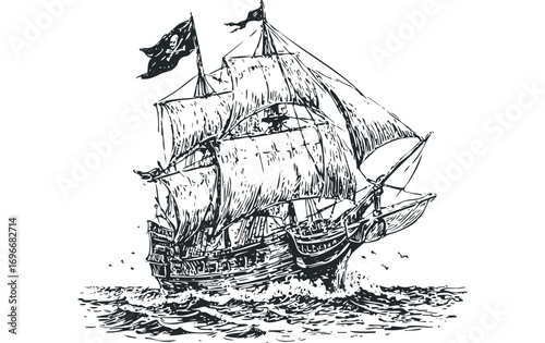 Vintage pirate ship with Jolly Roger flag sailing on choppy seas. Vector hand drawn illustration