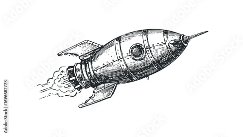 Vintage rocket ship with smoky exhaust on transparent background. Vector hand drawn illustration