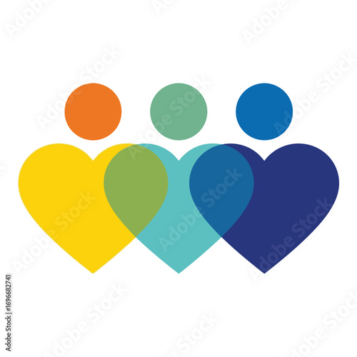 Three colorful hearts symbolizing unity love community and family connection