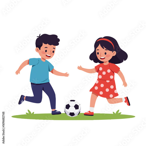 Joyful flat 2D vector illustration captures two happy children, a boy and a girl, playing a casual soccer game in a sunny park, rendered with vibrant colors and simplified forms.