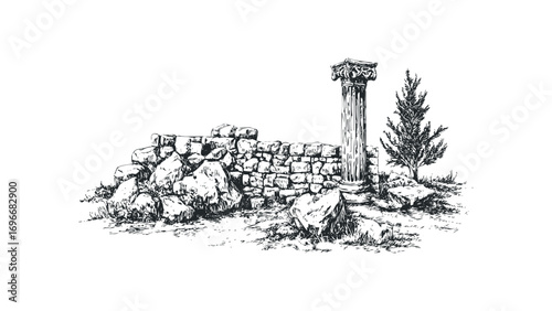 Sketch of ancient stone ruins with a lone column and coniferous tree. Vector hand drawn illustration