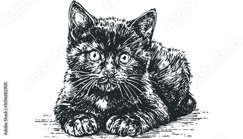 Pen and ink drawing of a curious black kitten looking forward. Vector hand drawn illustration