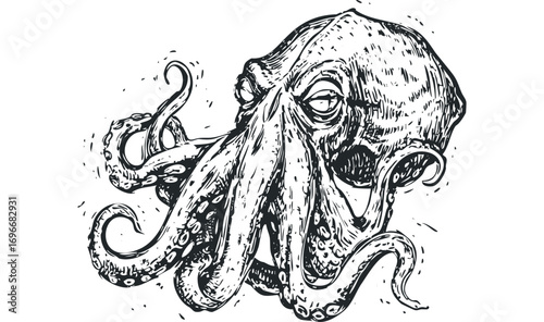 Detailed Ink Sketch of an Octopus with Tangled Tentacles on Transparent. Vector hand drawn illustration