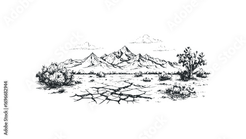 Pencil sketch of rugged mountains and cracked earth landscape with sparse vegetation. Vector hand drawn illustration