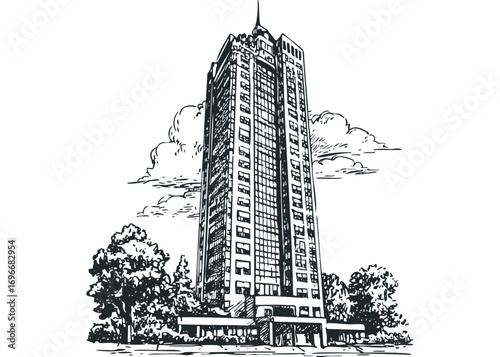 Sketch of tall skyscraper surrounded by trees and clouds. Vector hand drawn illustration