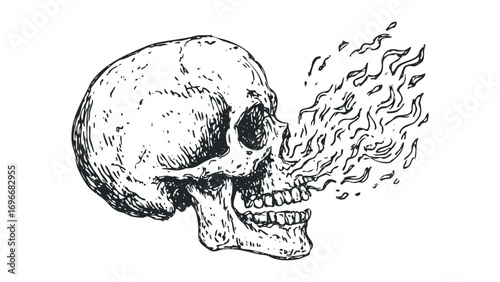 Skull with smoke coming from its mouth image. Vector hand drawn illustration