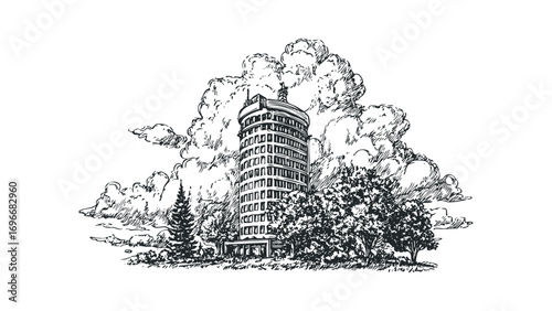 Sketch of a modern cylindrical building with surrounding trees and dramatic clouds. Vector hand drawn illustration