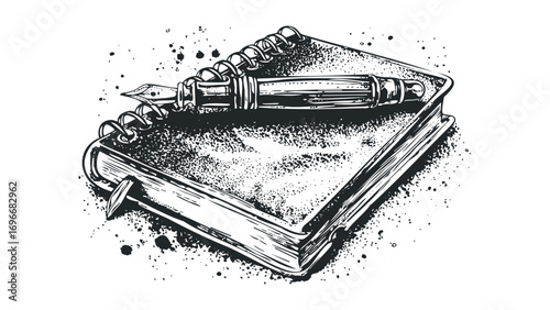 Sketchbook with fountain pen on white, pen and ink sketch. Vector hand drawn illustration