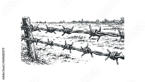 Sketch of barbed wire fence with distant building and trees. Vector hand drawn illustration