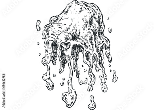 Ink sketch of dripping liquid with small droplets on transparent background. Vector hand drawn illustration
