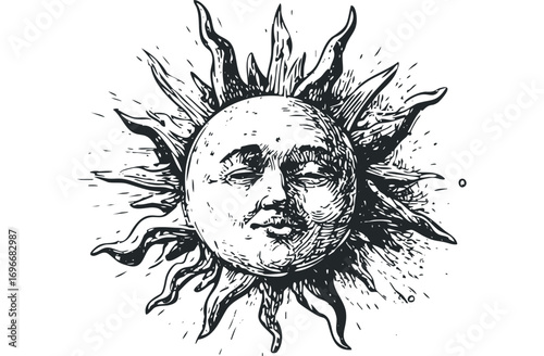 Personified Sun celestial body with expressive face and rays on transparent background. Vector hand drawn illustration
