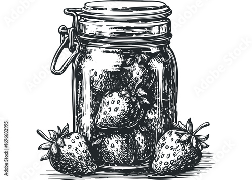 Glass jar filled with strawberries and three strawberries on a white surface. Vector hand drawn illustration