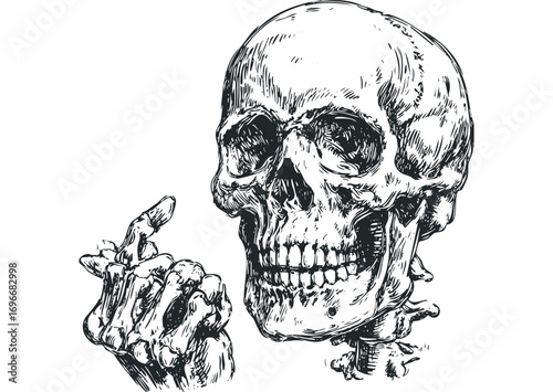 Human skull with skeletal hand gesturing on transparent background. Vector hand drawn illustration