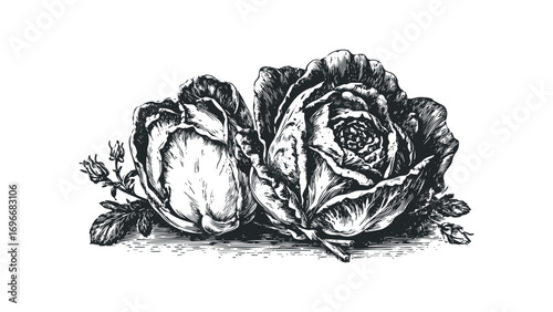 Vintage Engraved Rose Blooms and Buds Transparent. Vector hand drawn illustration
