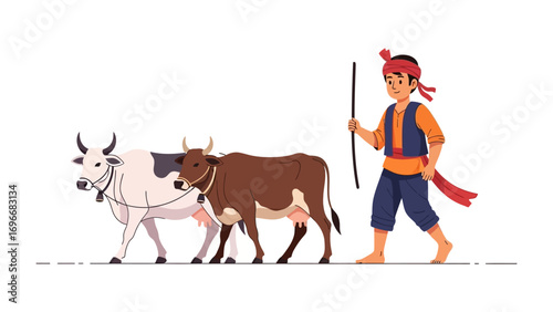 Farming: A depiction of rural life shows a farmer tending to two cows, illustrating the essential roles in agriculture