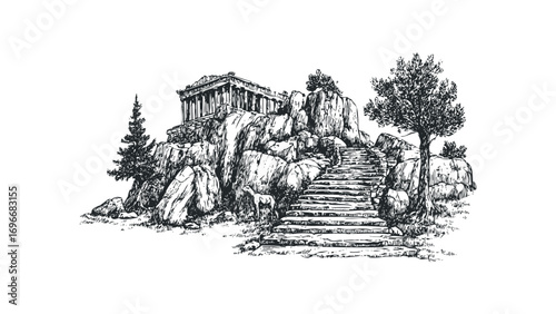Ancient temple on rocky hill with stone staircase and trees. Vector hand drawn illustration