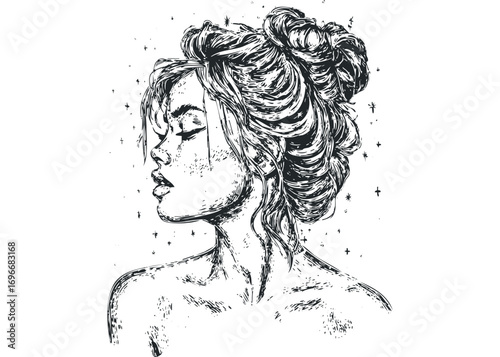 Sketch of woman with messy bun and closed eyes on transparent background. Vector hand drawn illustration