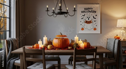 A cozy dining room is decorated for halloween with a carved pumpkin, candles, and a festive poster, creating a warm and inviting atmosphere for a spooky celebration