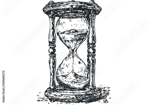 Vintage hourglass with landscape inside on transparent background. Vector hand drawn illustration