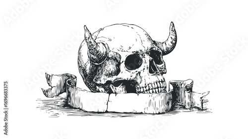 Drawn Skull with Horns and Scroll. Vector hand drawn illustration