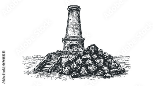 Old brick lighthouse structure with rocky base and stone steps. Vector hand drawn illustration