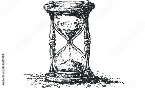 Vintage hourglass with sand flowing on transparent. Vector hand drawn illustration