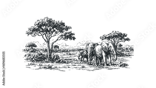 Family of elephants walk through savanna landscape on transparent background. Vector hand drawn illustration