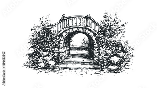 Sketch of arched stone bridge with railings and foliage on transparent background. Vector hand drawn illustration