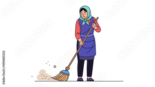 Dusting in House: a traditional person sweeping a wooden broom with a dust cloud, capturing the simple act of sweeping a dust.