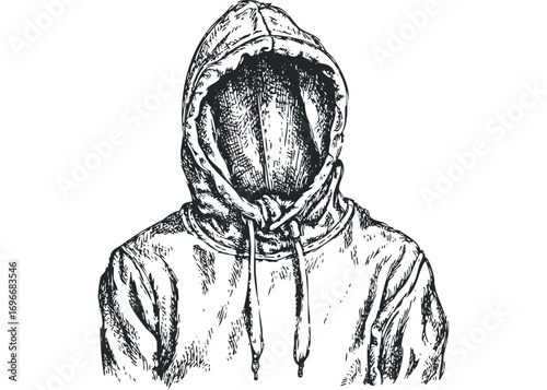 Ink sketch of person in hooded sweatshirt with hidden face on transparent background. Vector hand drawn illustration