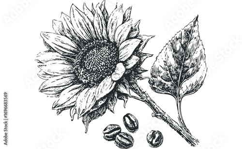 Black and white ink sketch of a sunflower bloom and seeds with leaf. Vector hand drawn illustration