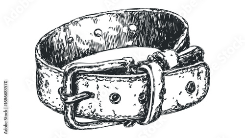 Sketch of a leather collar with metal buckle and studs. Vector hand drawn illustration